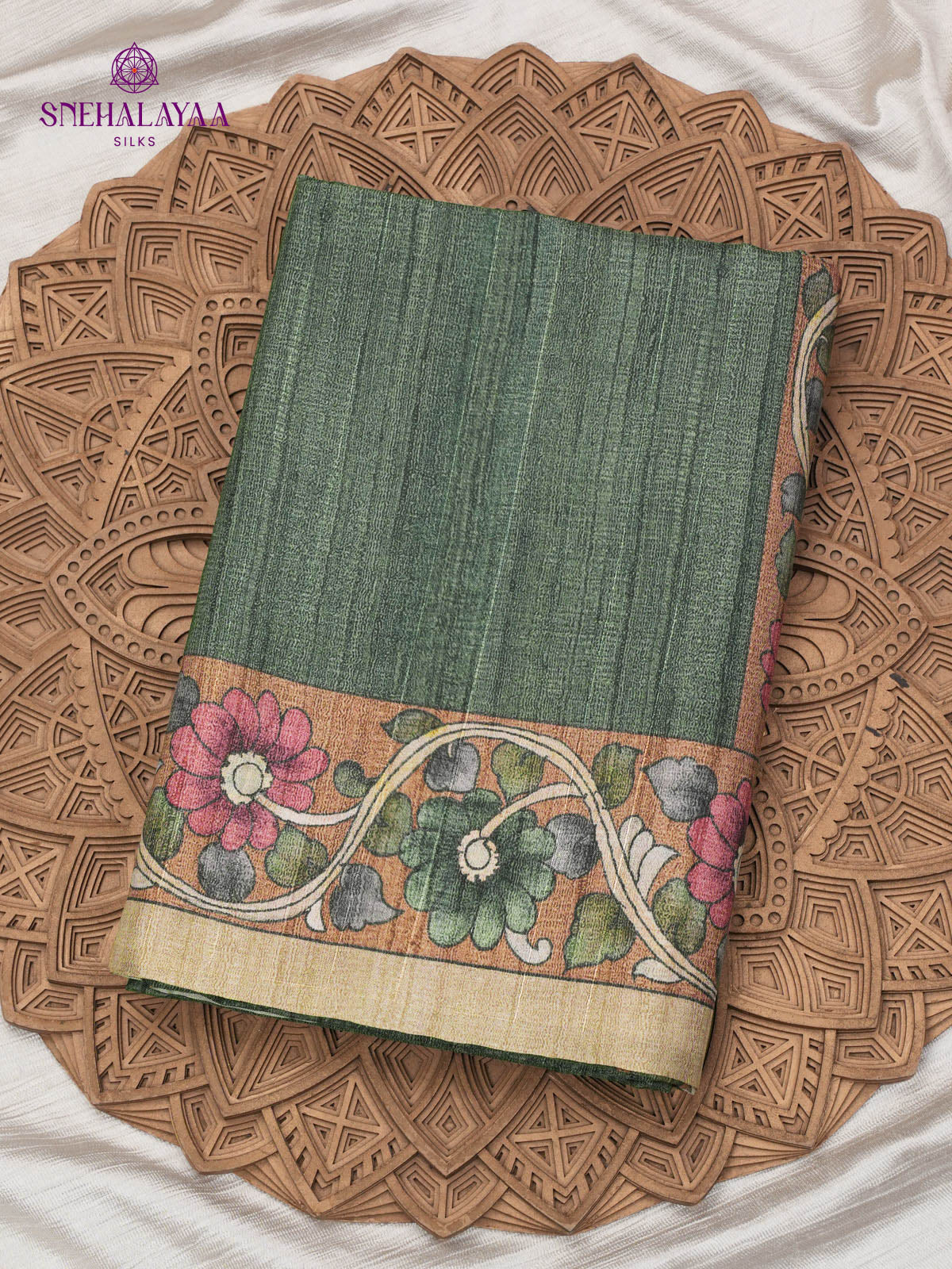 Pastel Green Floral Printed Tussar Saree