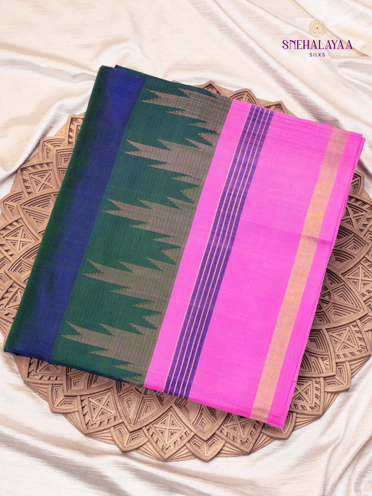 Bottle Green With Pink Silk Cotton Saree