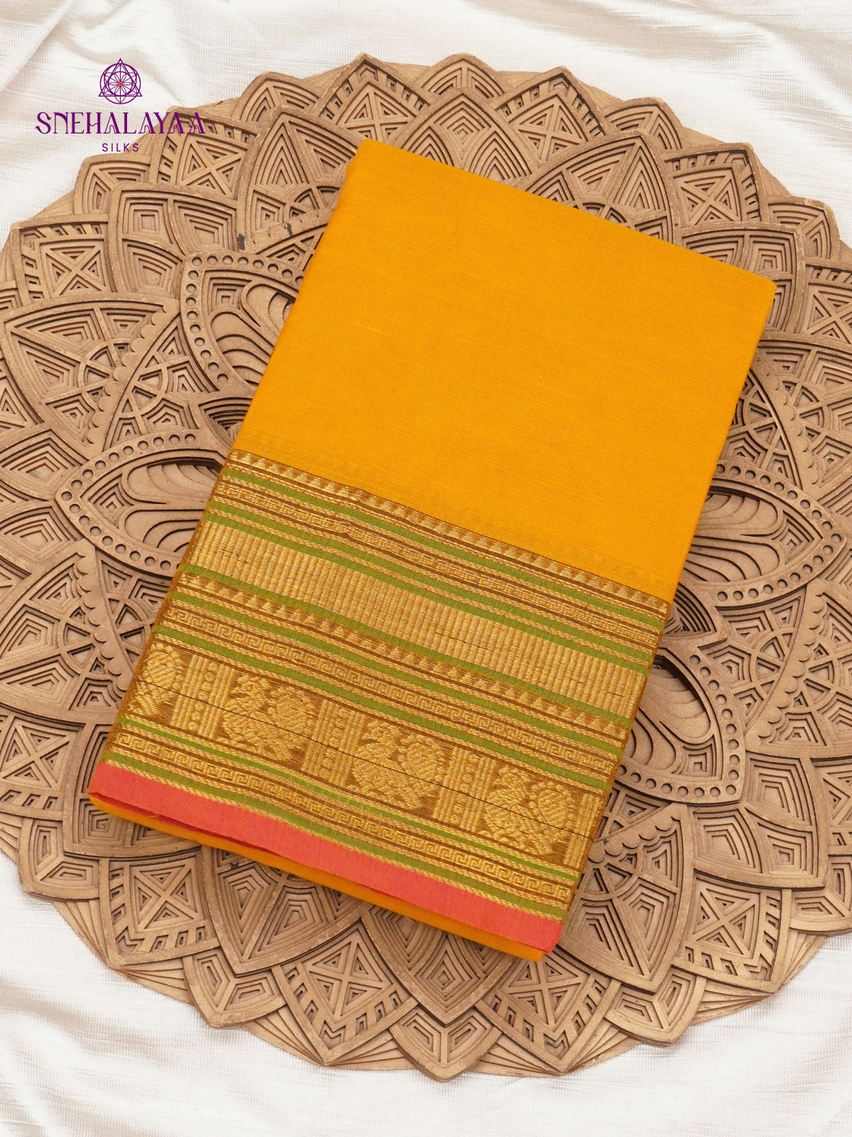 Turmeric Yellow Kanchi Cotton Saree with Traditional Woven Border