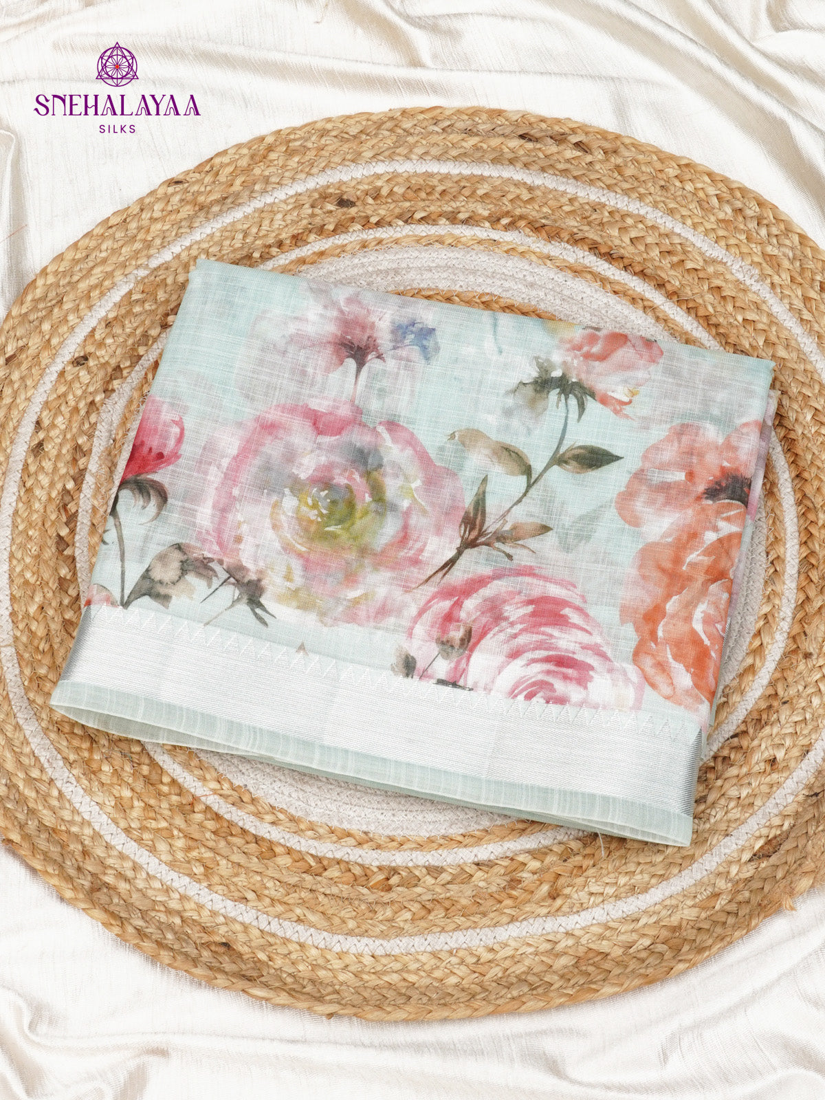 Pastel Blue Printed Linen Saree