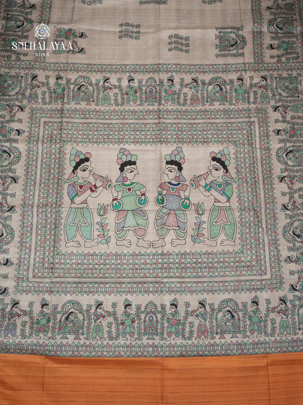 Beige With Yellow Border Madhubani Saree