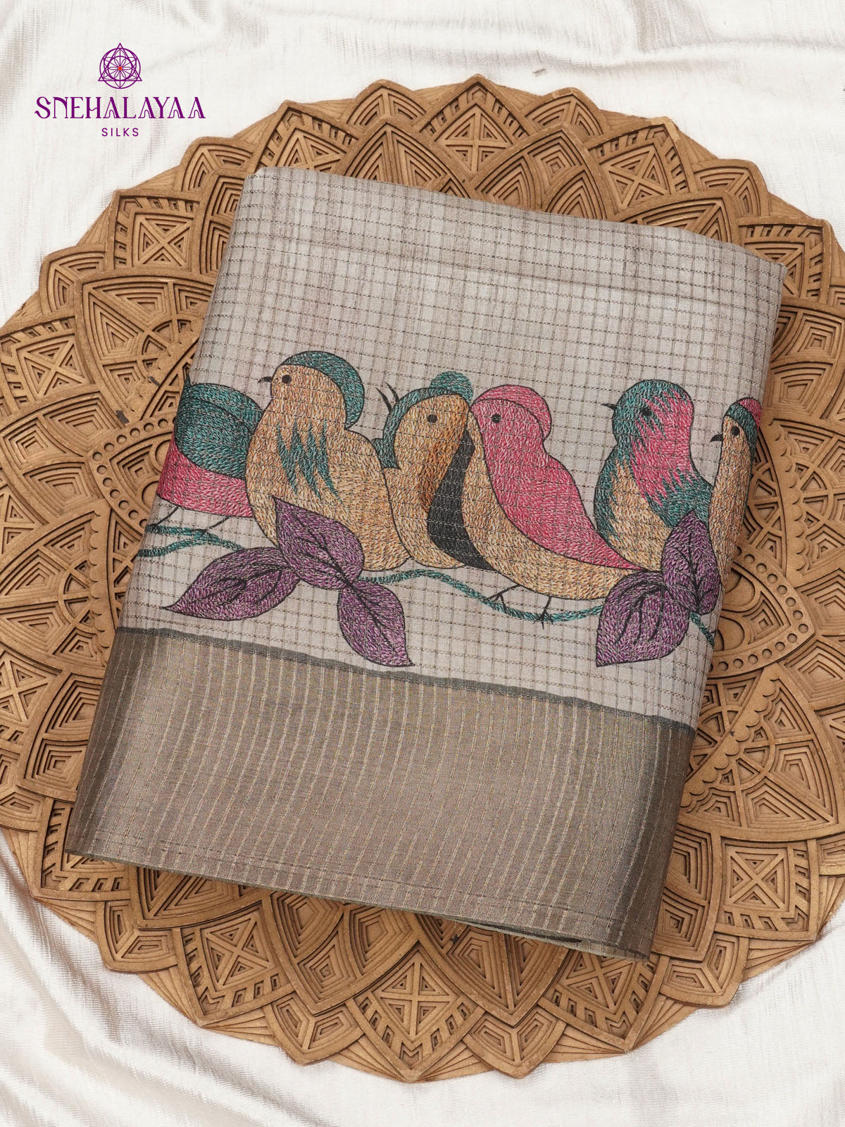 Grey Printed Tussar Saree