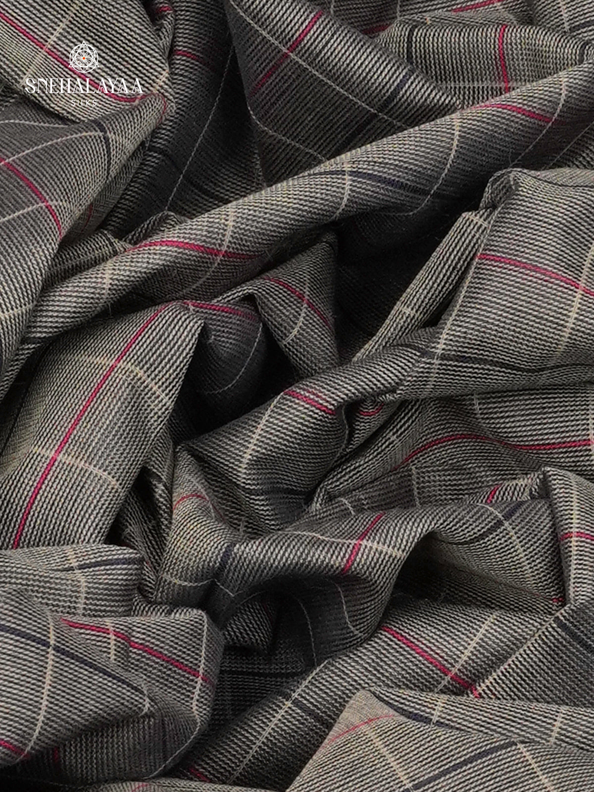 Checked Slate Grey Kanchi Cotton Saree with Irandu Karai Zari Borders