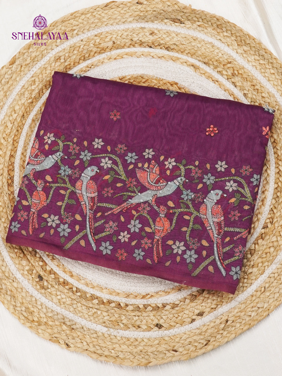 Violet Linen Embroidery Saree