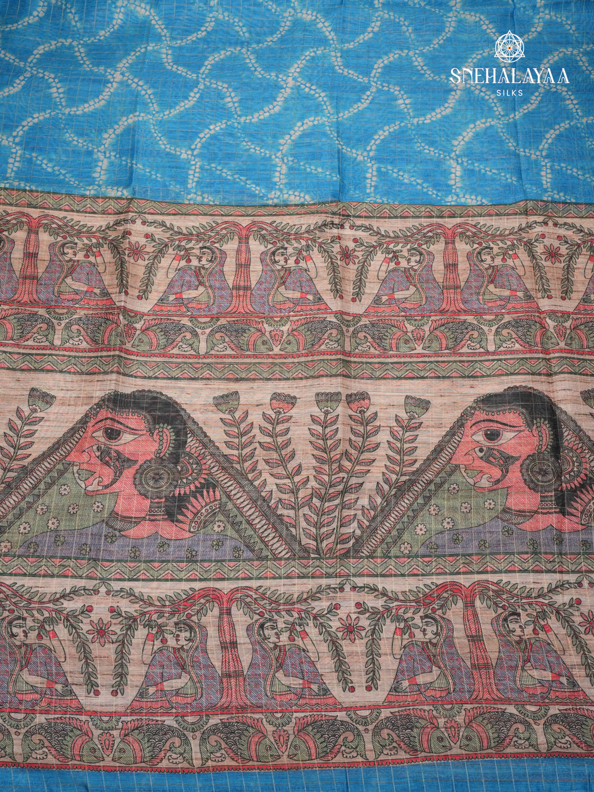 Aqua Blue Madhubani Printed Saree