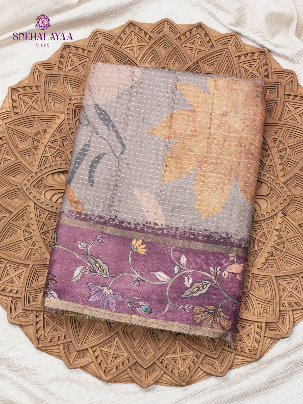 Grey Floral Printed Tussar Saree