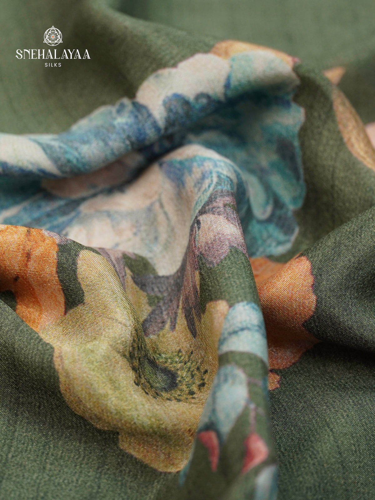 Olive Green Printed Creap Saree