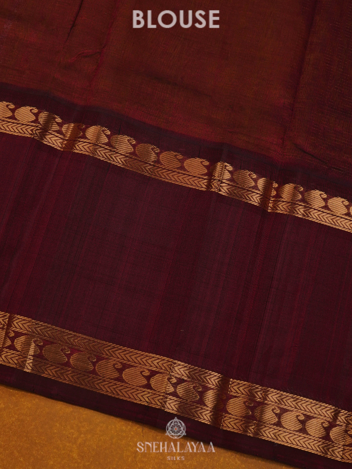 Mustard Kuppadam Silk Cotton Saree with Burgundy Border
