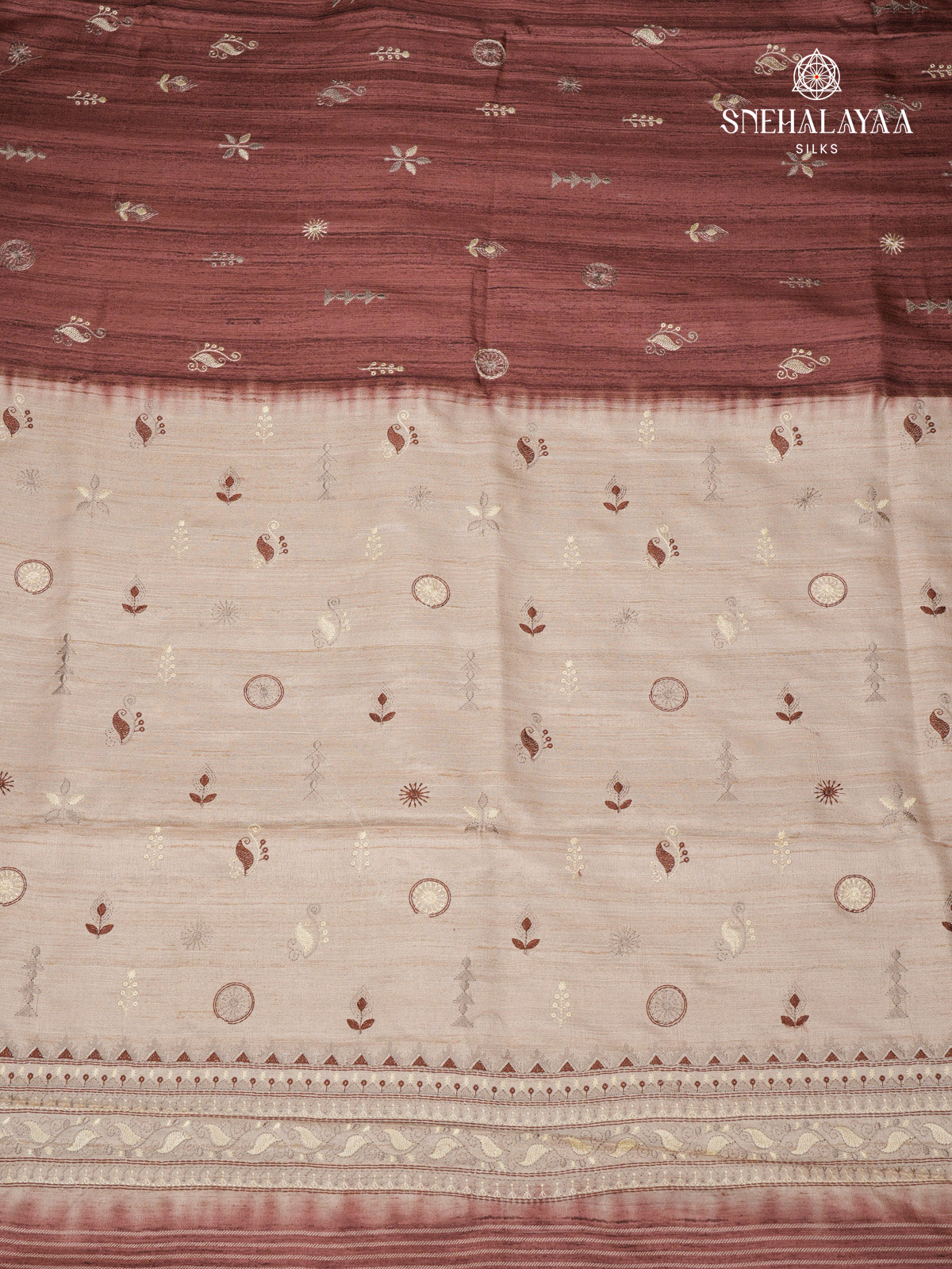Maroon Tussar Embroidery Saree