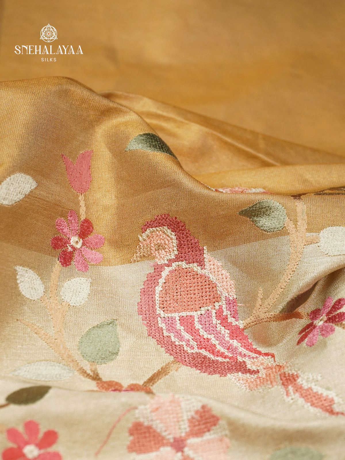 Golden Tissue Embroidery Saree