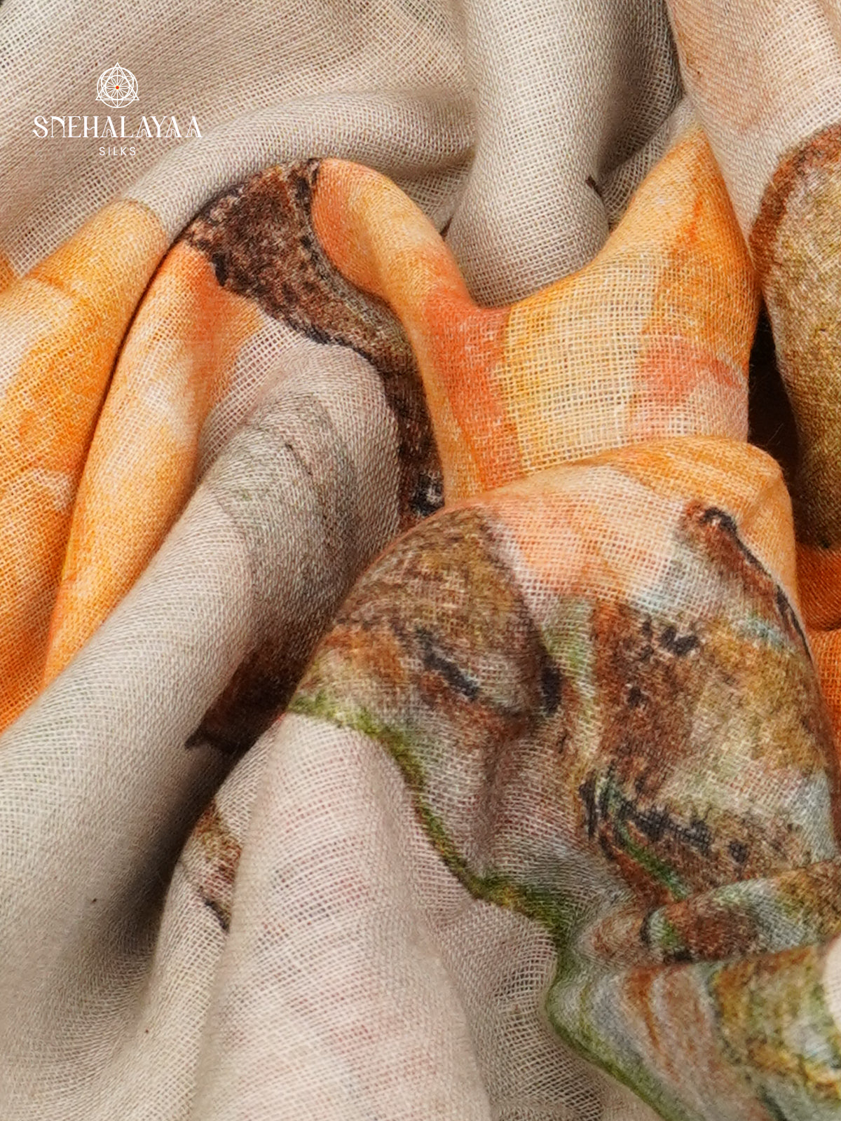 Off White Printed Linen Cotton Saree