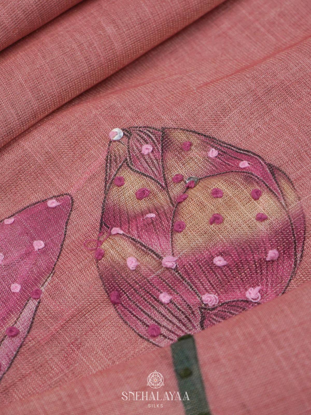 Pink Linen Embroidery Saree