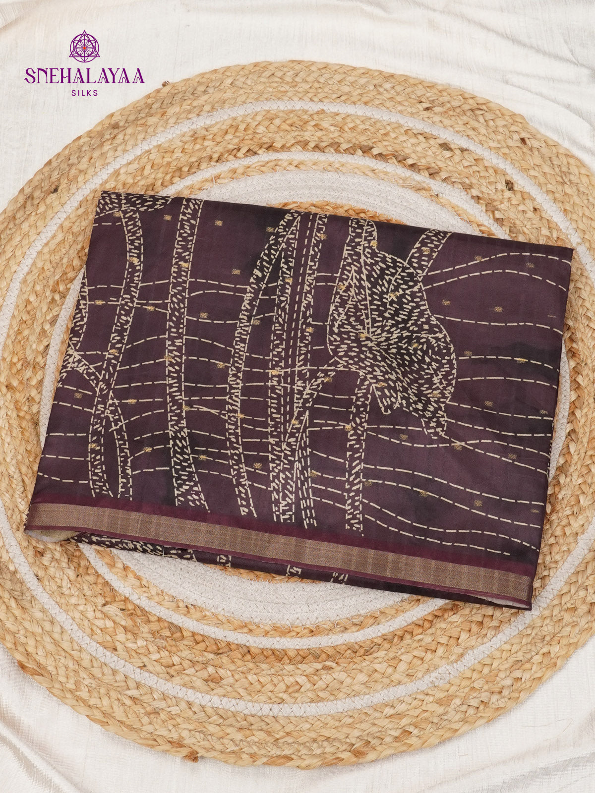 Aubergine Floral Printed Tussar Saree