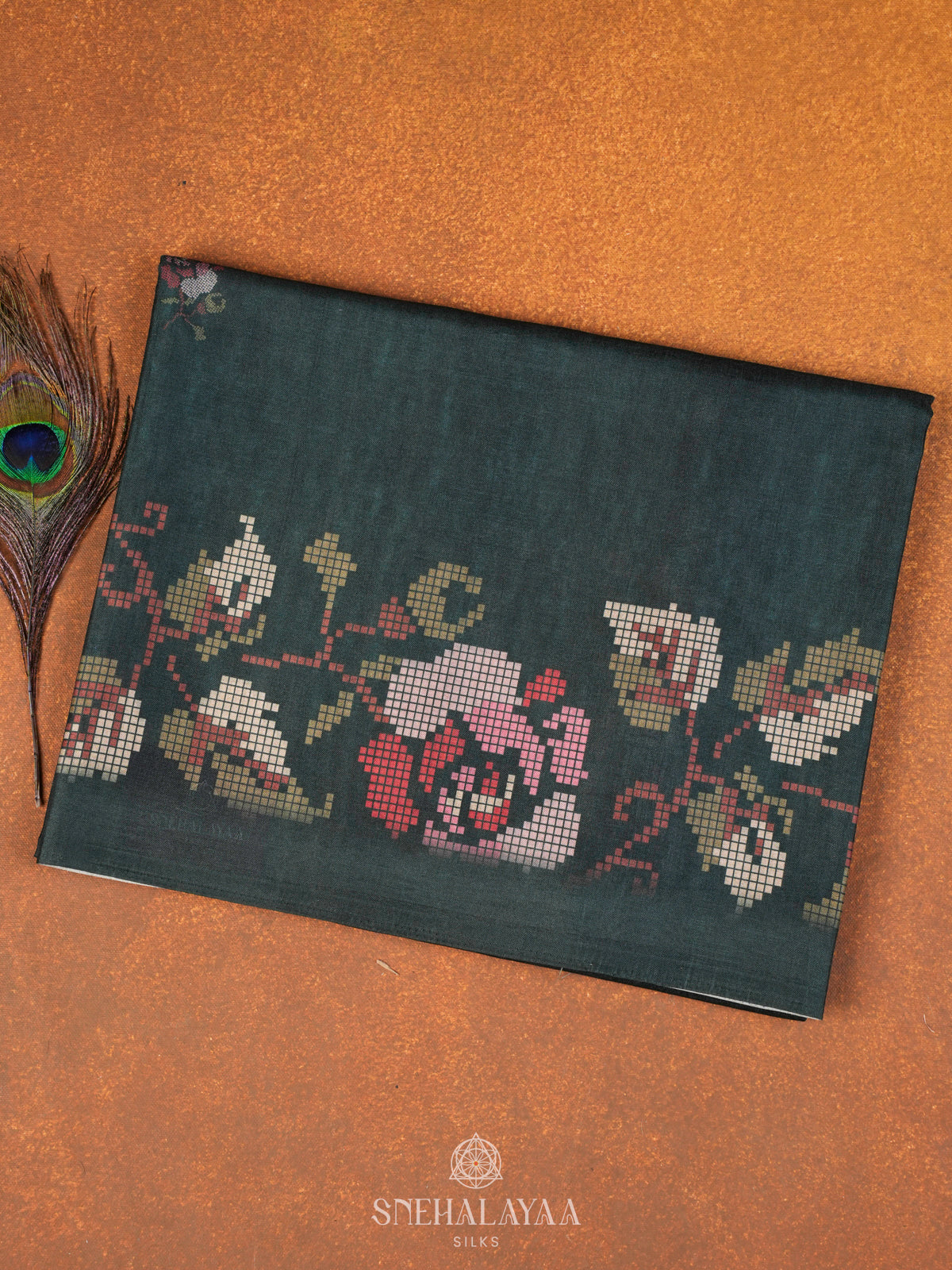 Green Floral Printed Tussar Saree