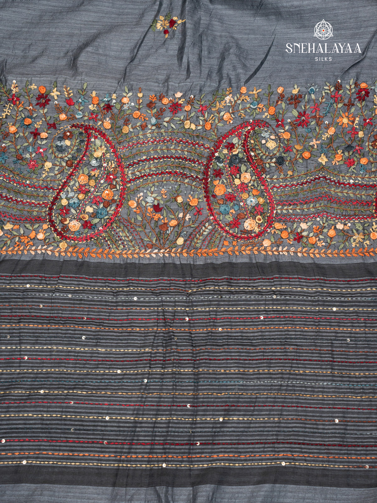 Grey Raw Silk Embroidery Saree