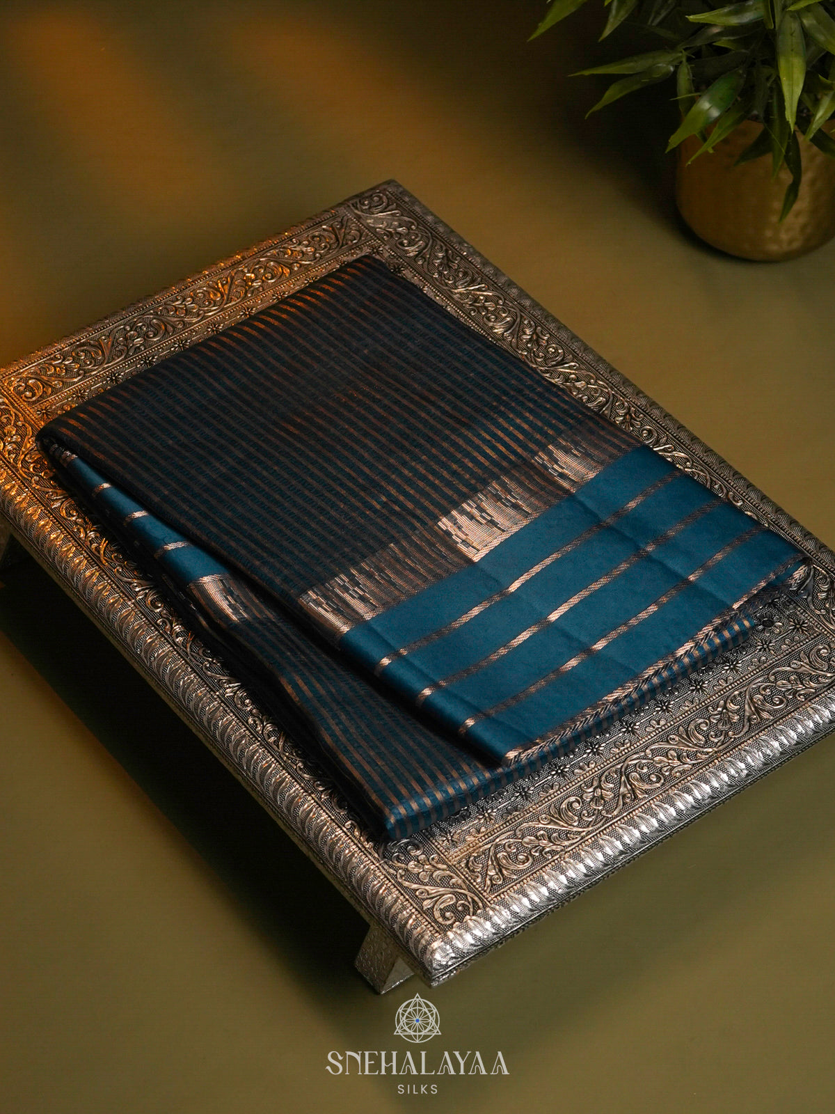 Peacock Blue Banaras Kora Silk Saree