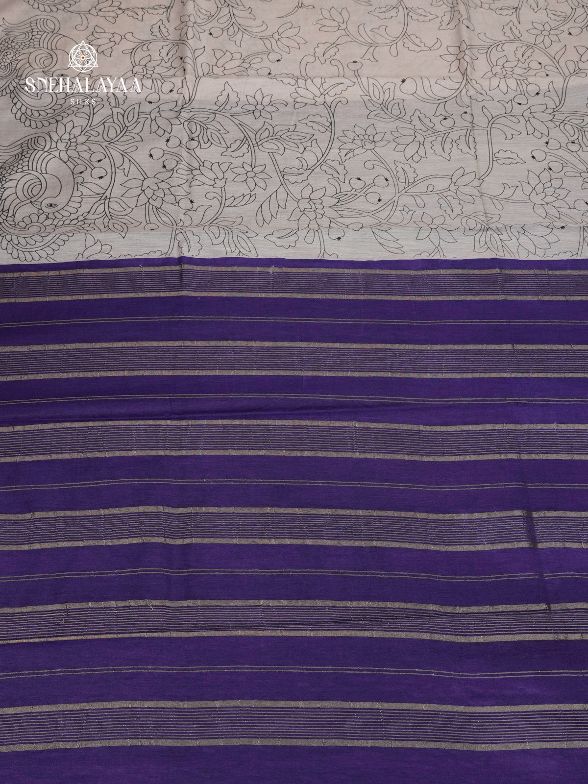 Off-White Kalamkari Saree with Purple Woven Border
