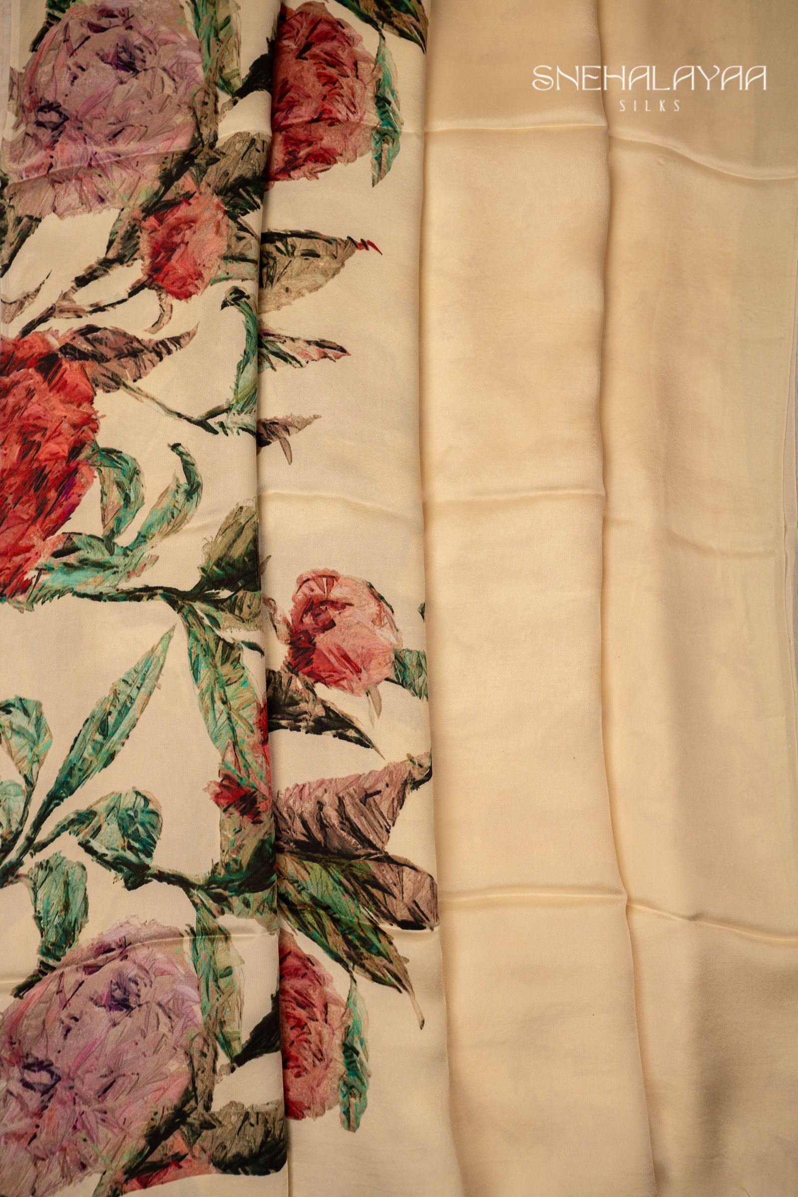 Cream Satin Crepe Saree