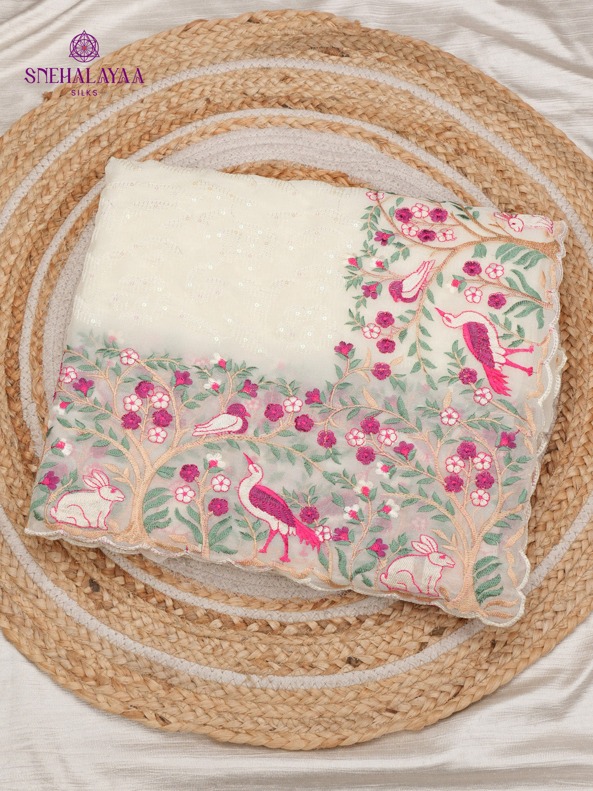 Cream Embroidery Designer Saree