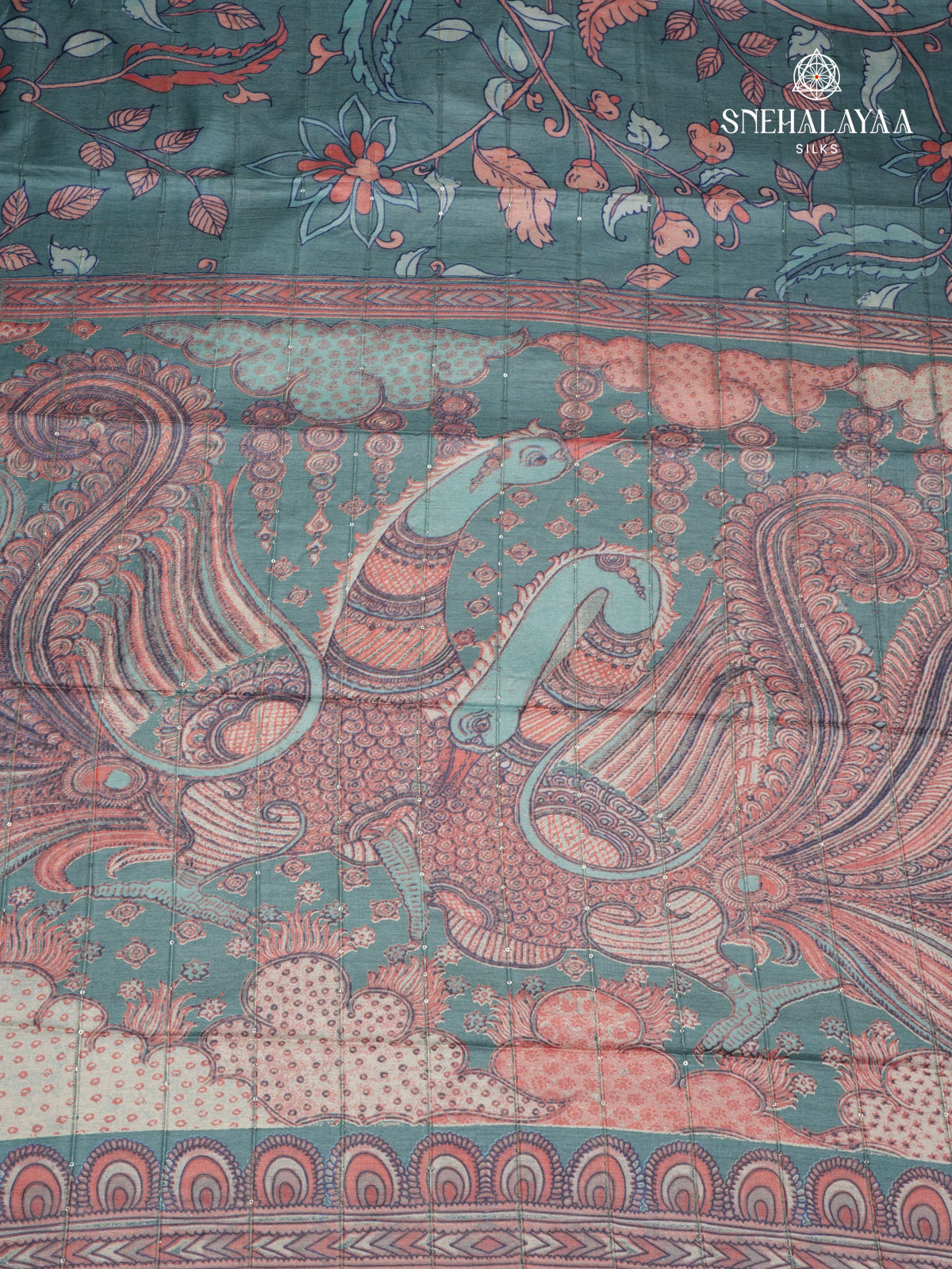 Teal Blue Floral Printed Tussar Saree