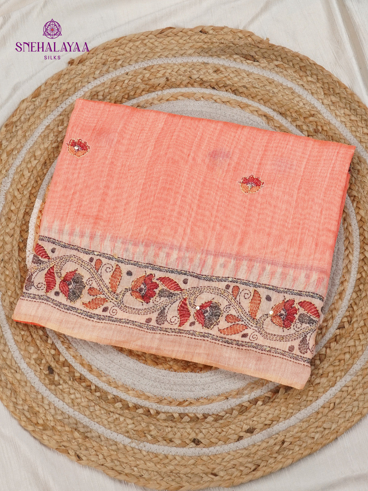 Pastel Pink Linen Embroidery Saree