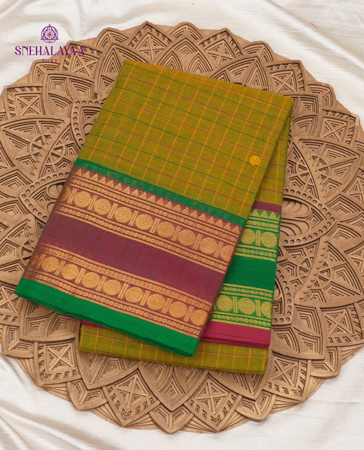 Checked Green Kanchi Cotton Saree with Traditional Zari Border