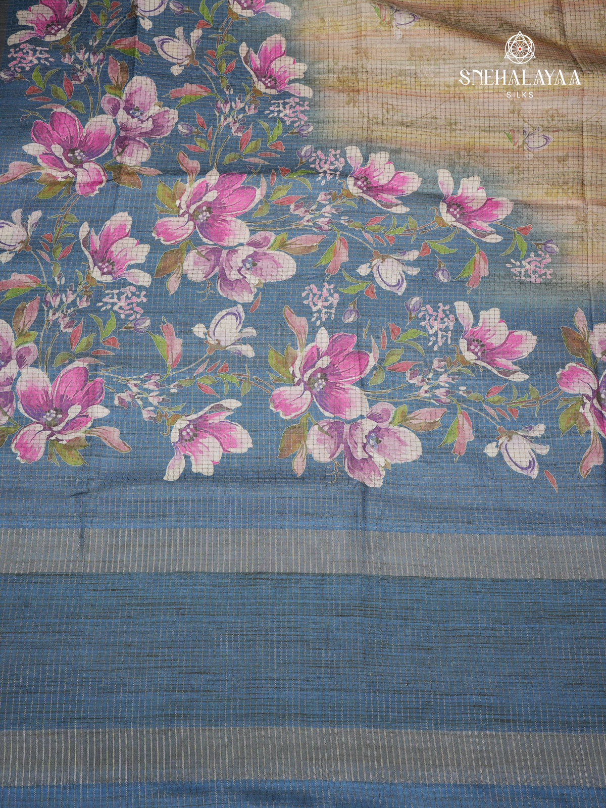 Beige Floral Printed Tussar Saree