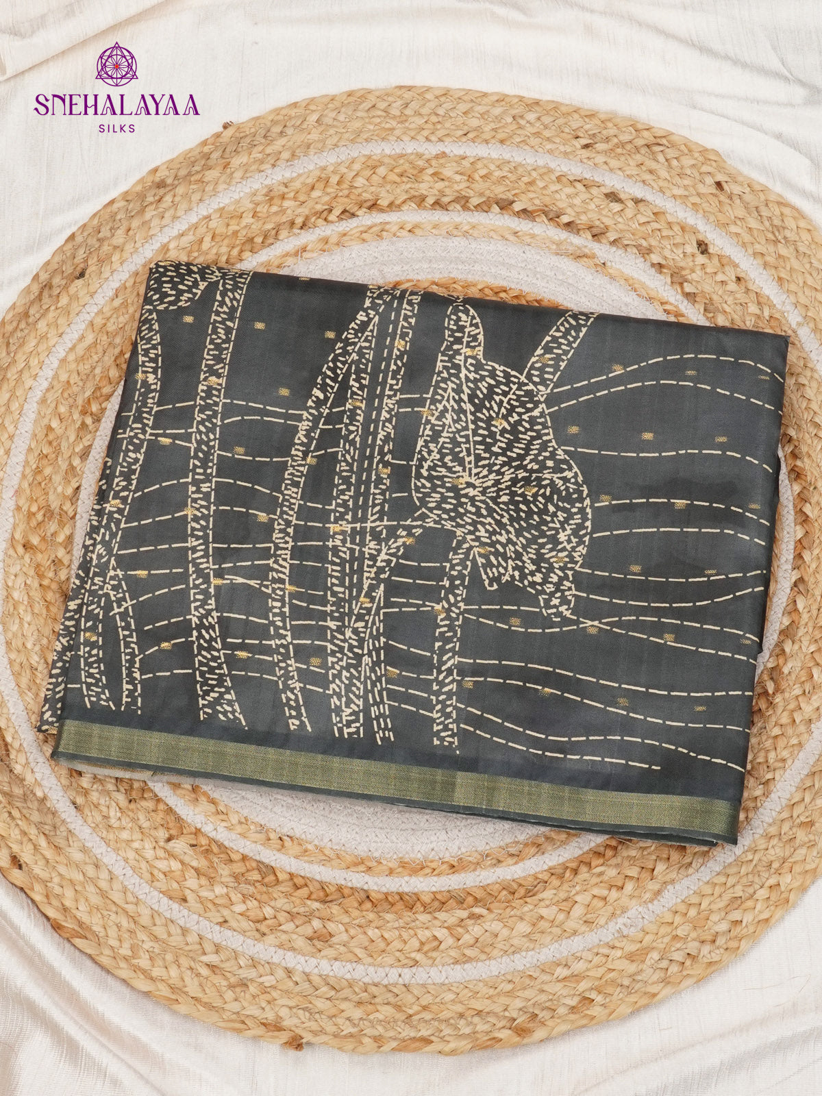 Black Floral Printed Tussar Saree