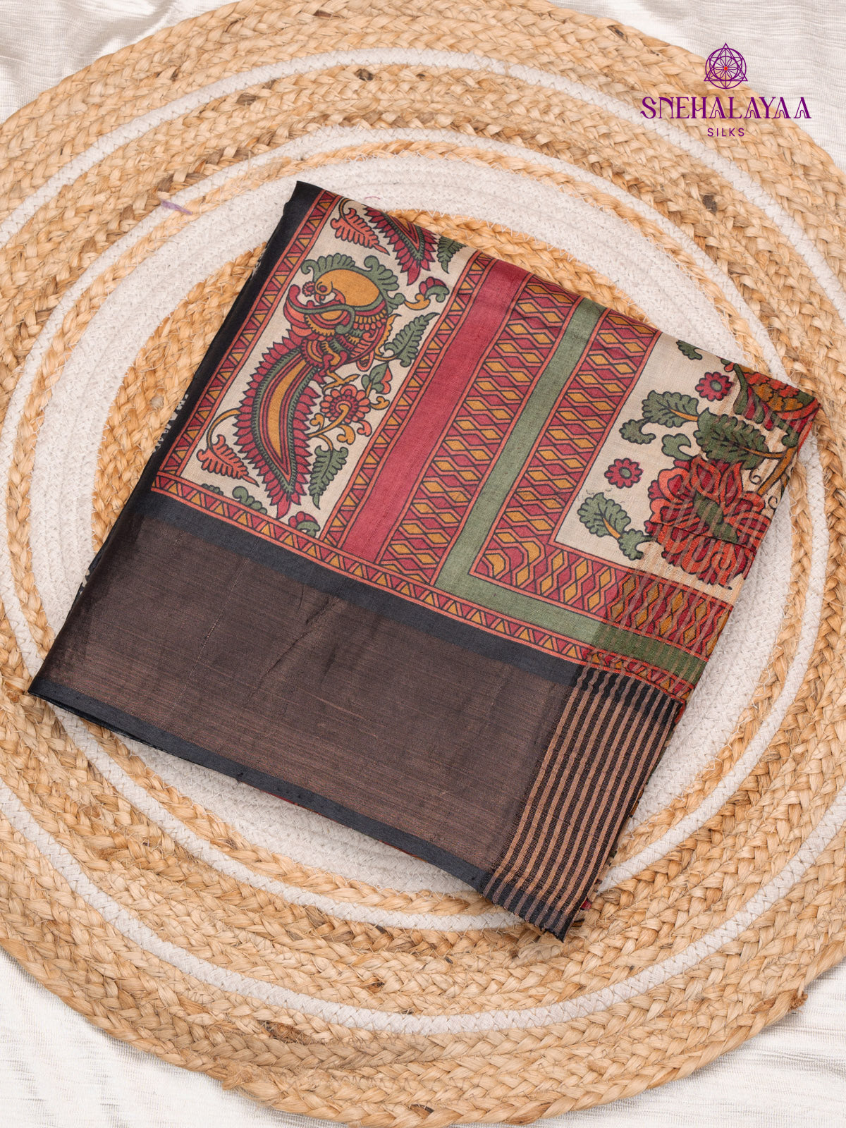 Black Printed Tussar Saree