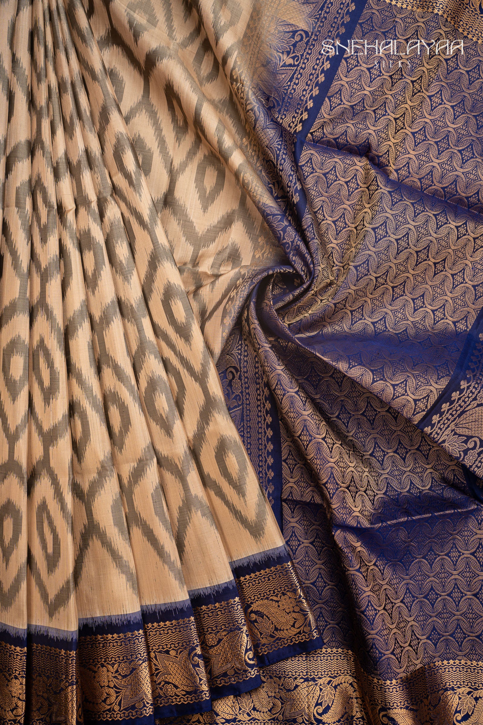 Cream Ikat Silk Saree