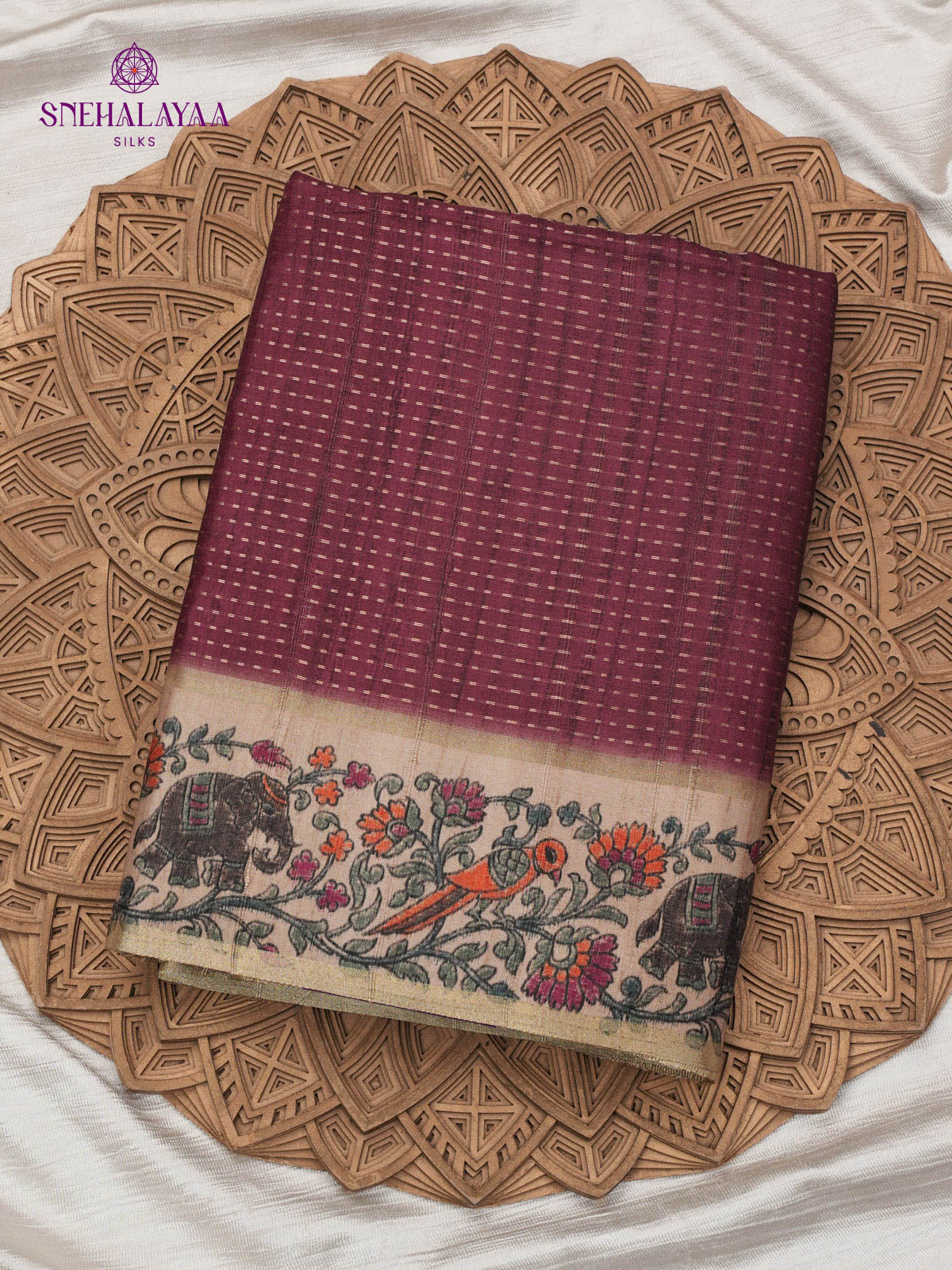 Burgundy Floral Printed Tussar Saree