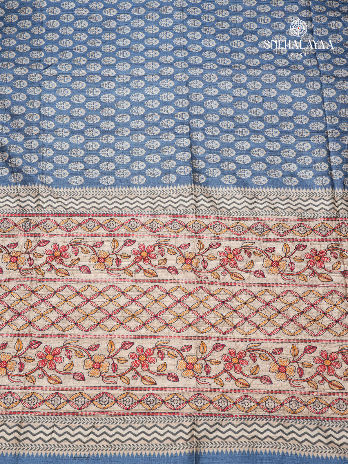 Blue Tussar Embroidery Saree