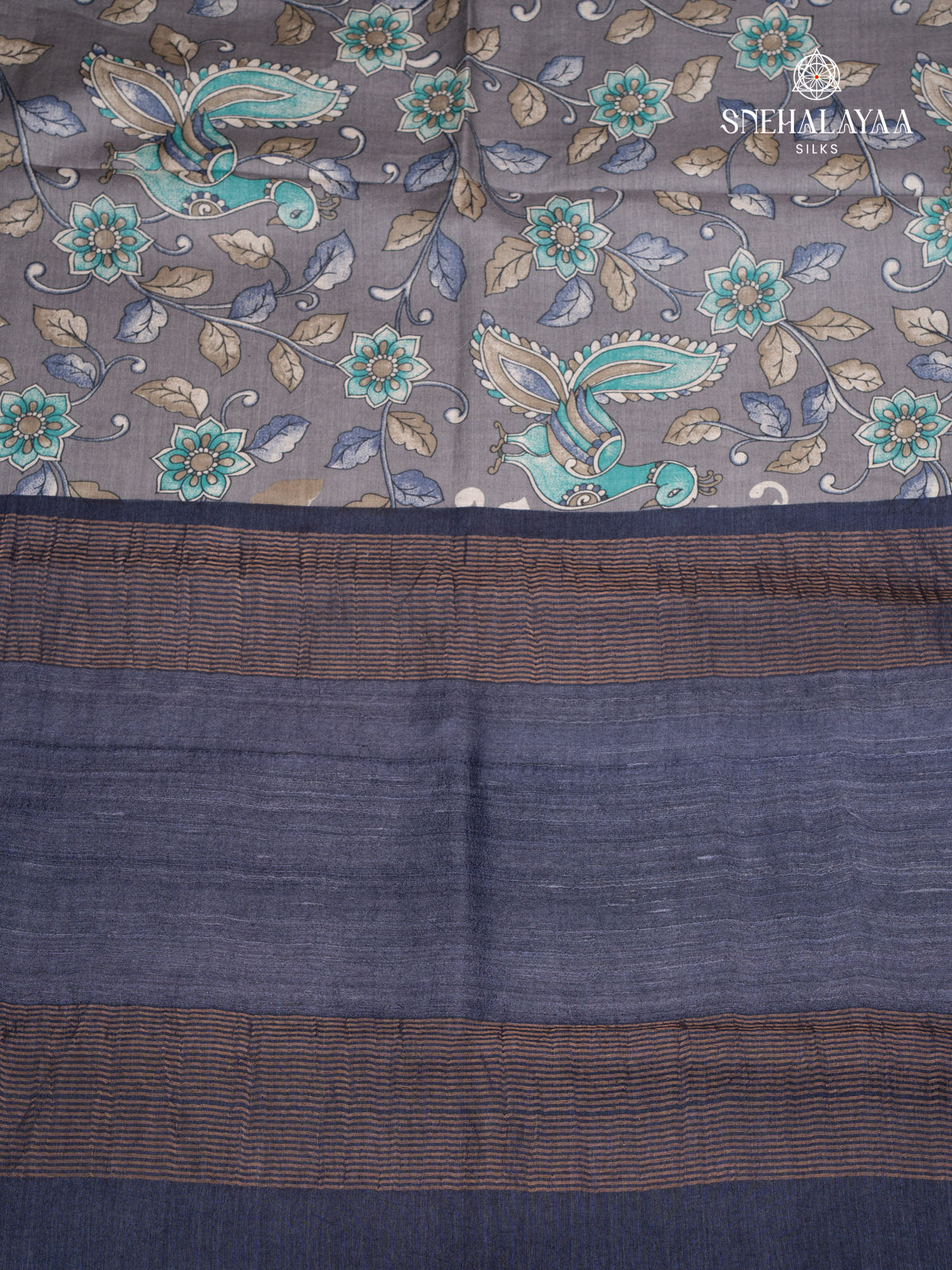 Grey Printed Tussar Saree
