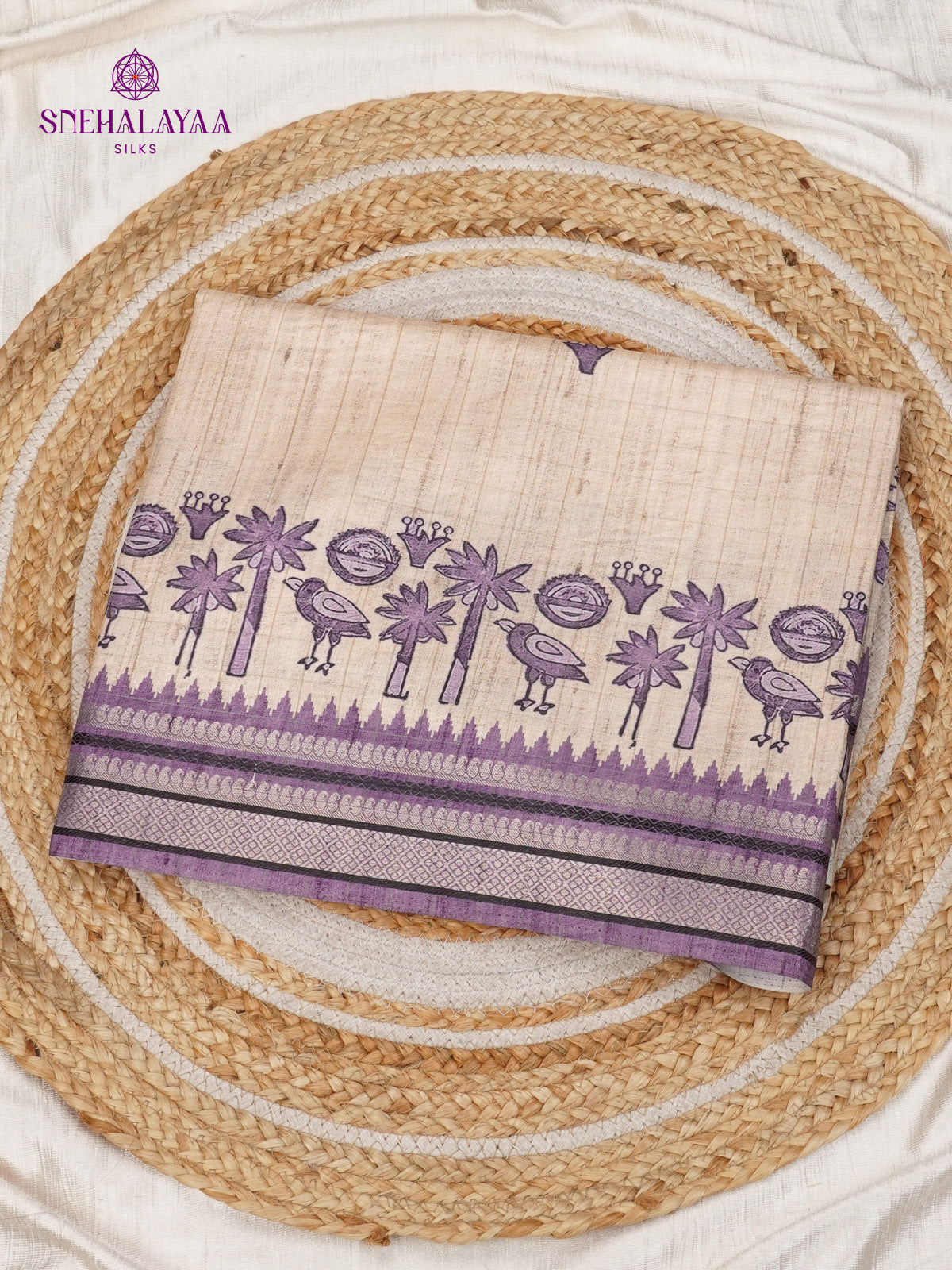 Beige With Purple Border Floral Printed Tussar Saree