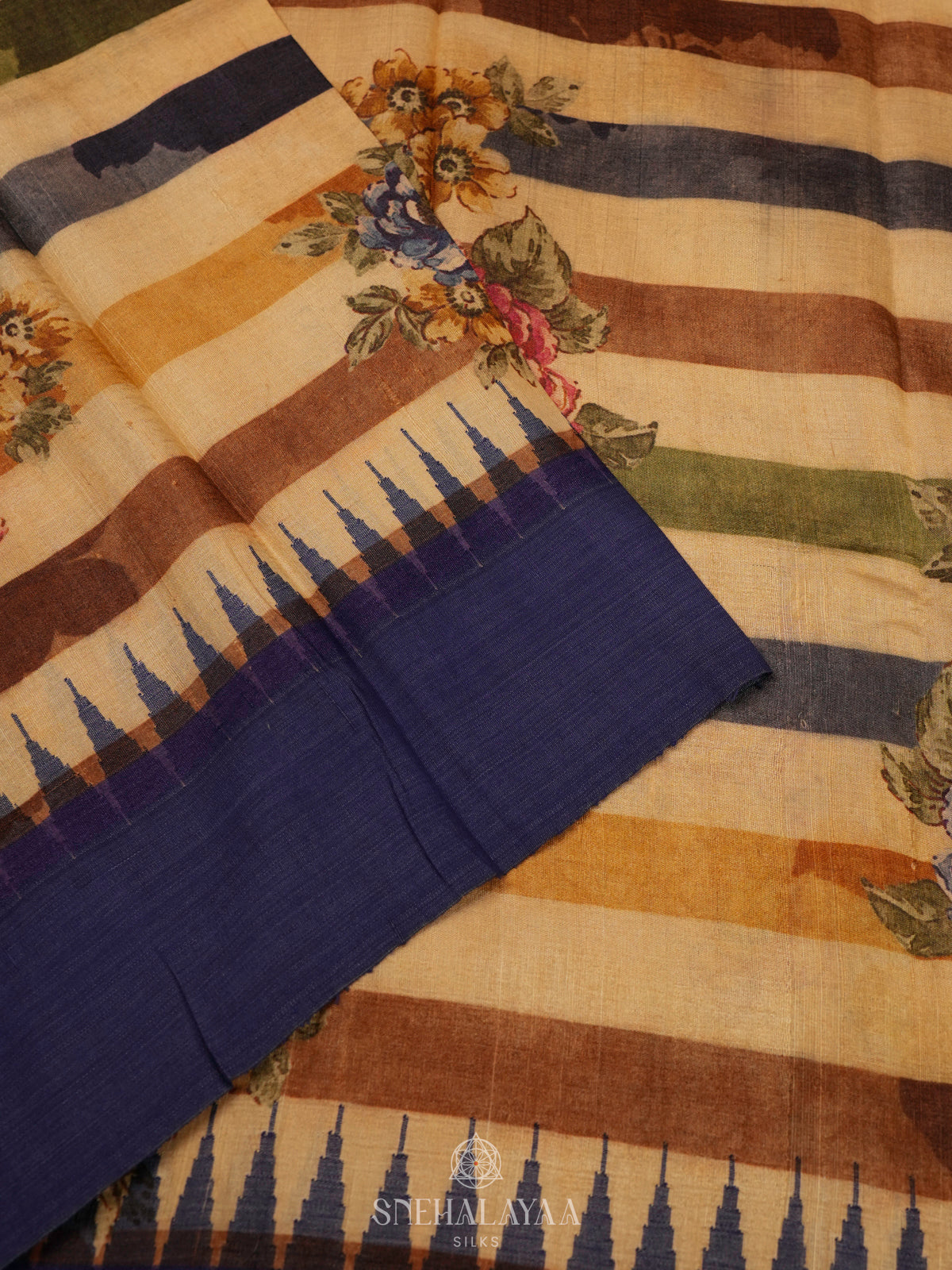 Beige Munga Tussar Saree with Purple Border
