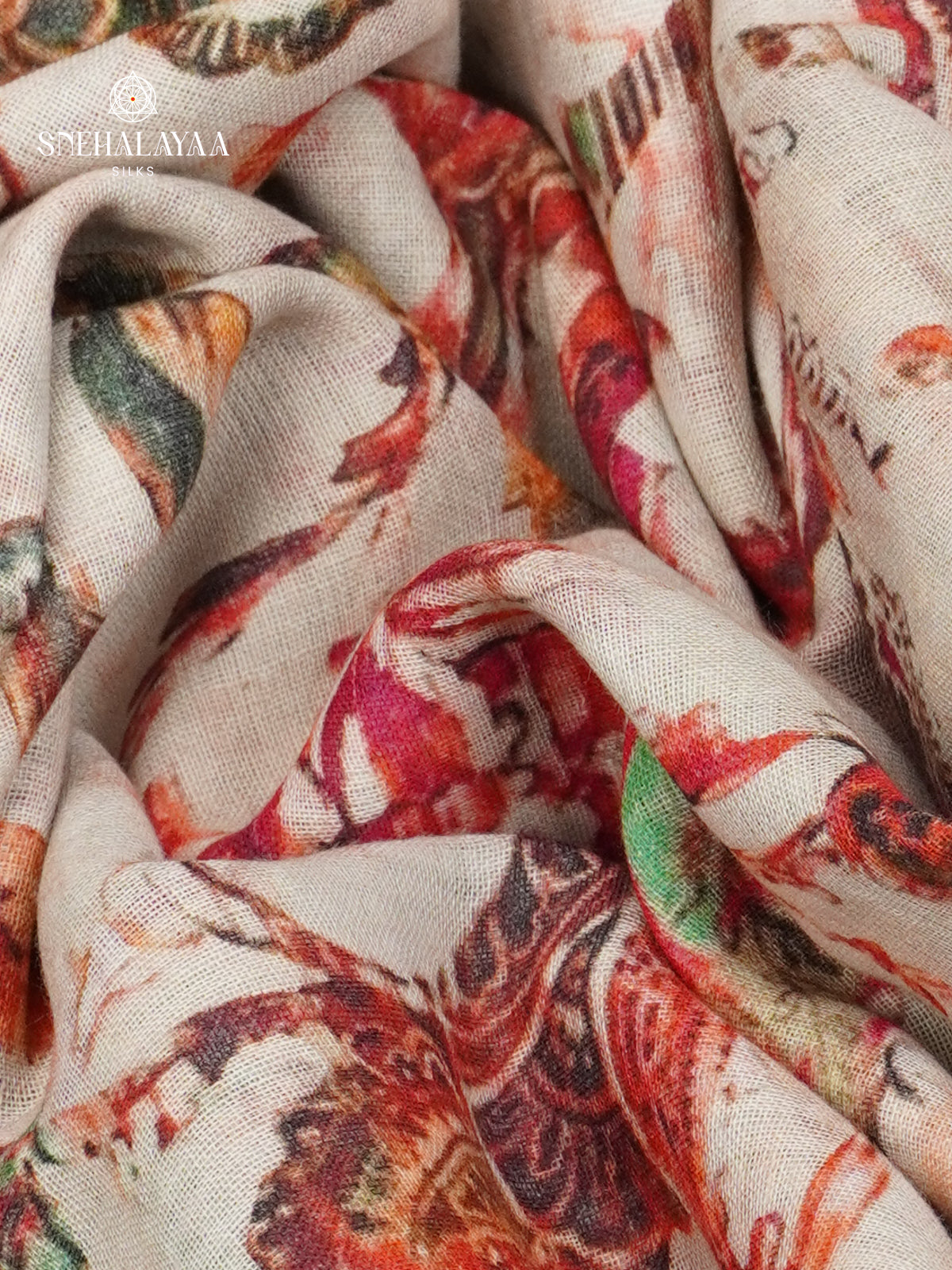 Off White Printed Linen Cotton Saree