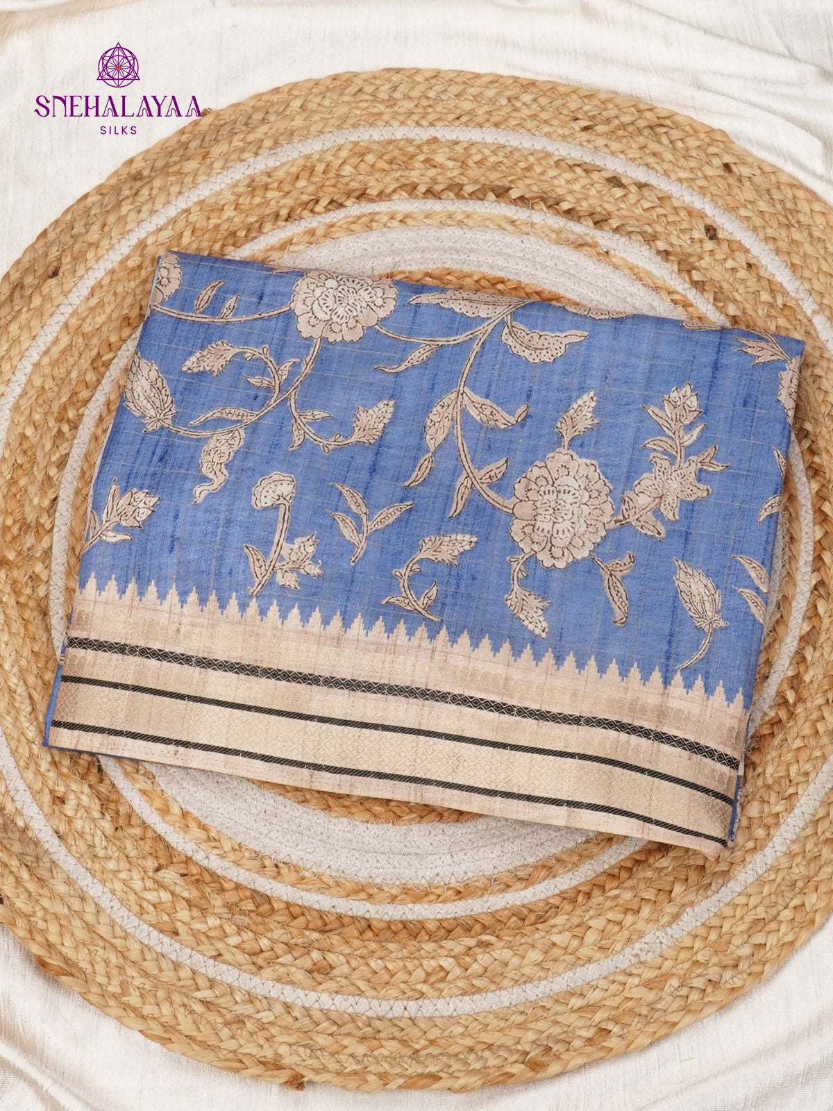 Pastel Blue Floral Printed Tussar Saree