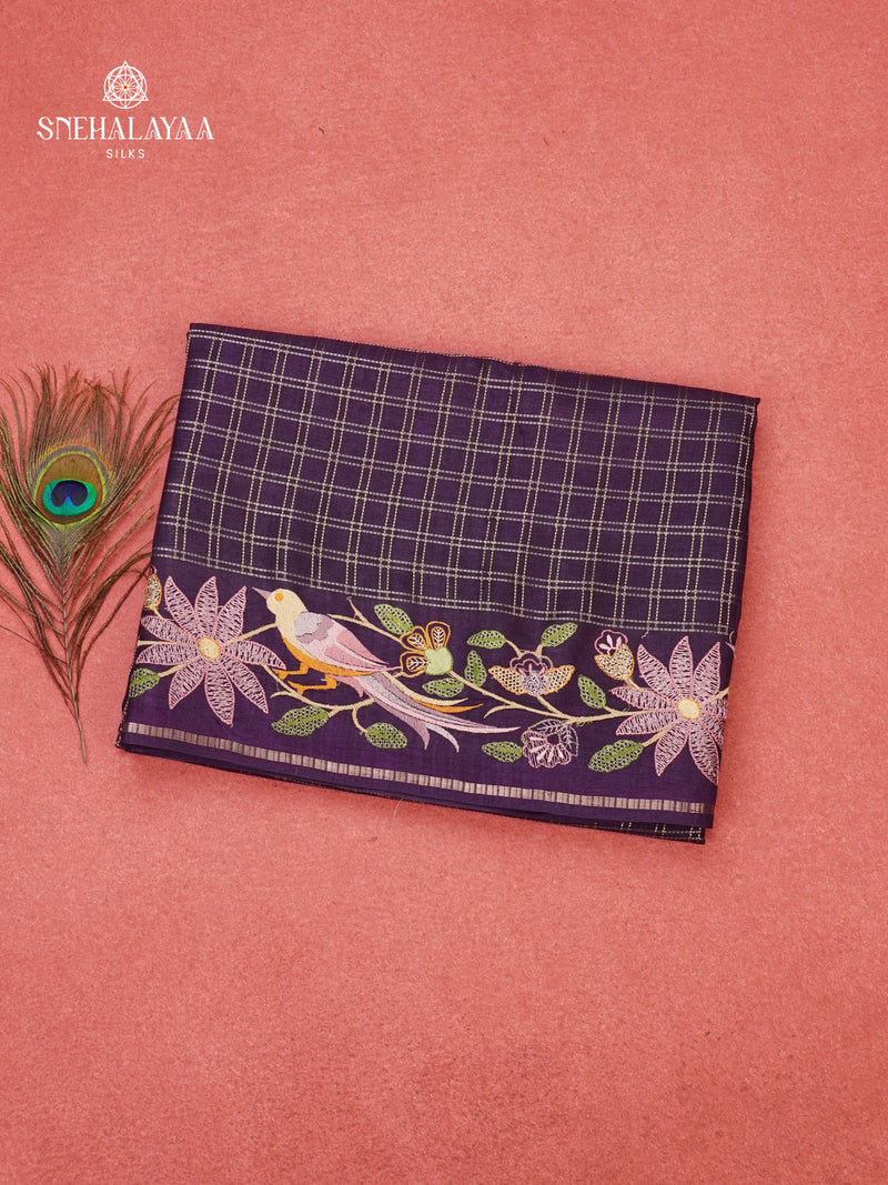 Purple Munga Tussar Embroidery Saree