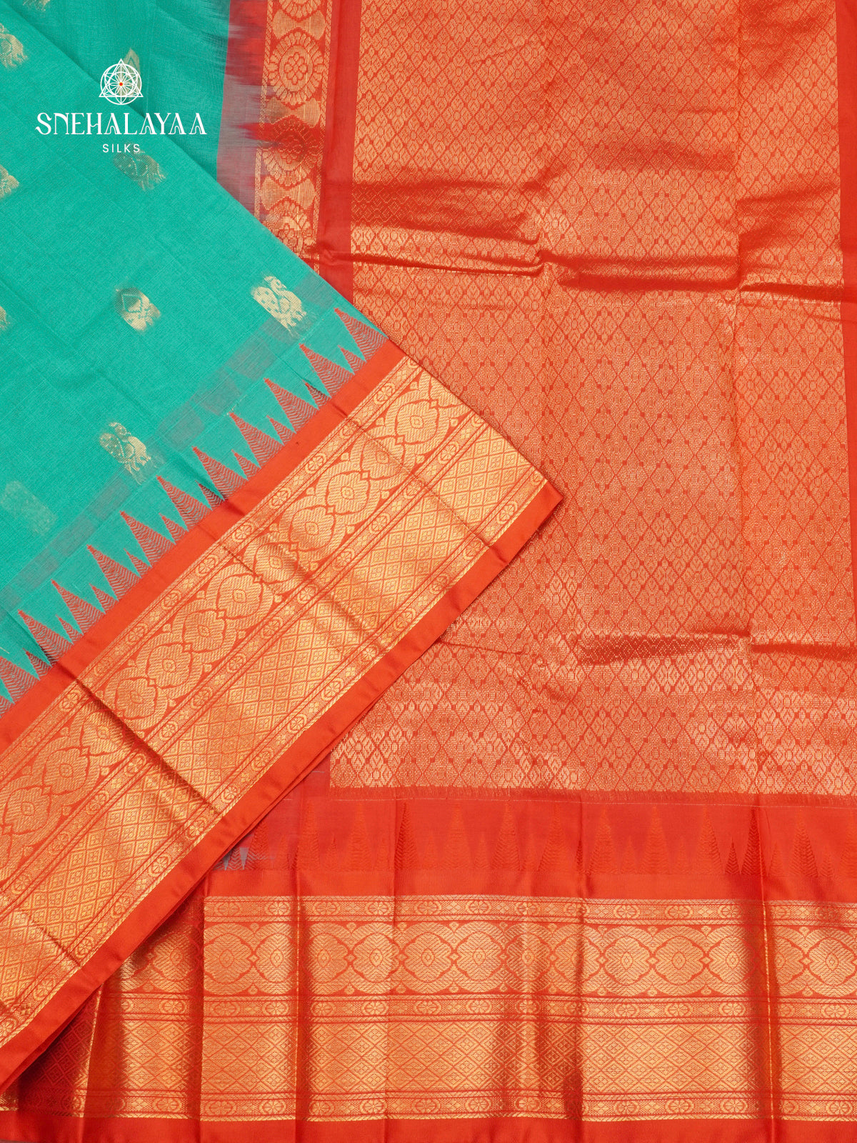 Teal Green Gadwal Cotton Saree Without Blouse