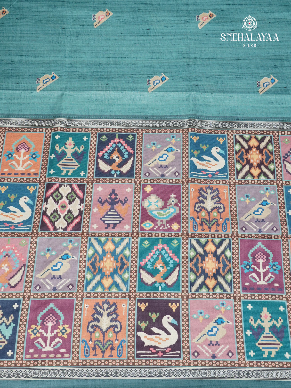 Peacock Blue Floral Printed Tussar Saree