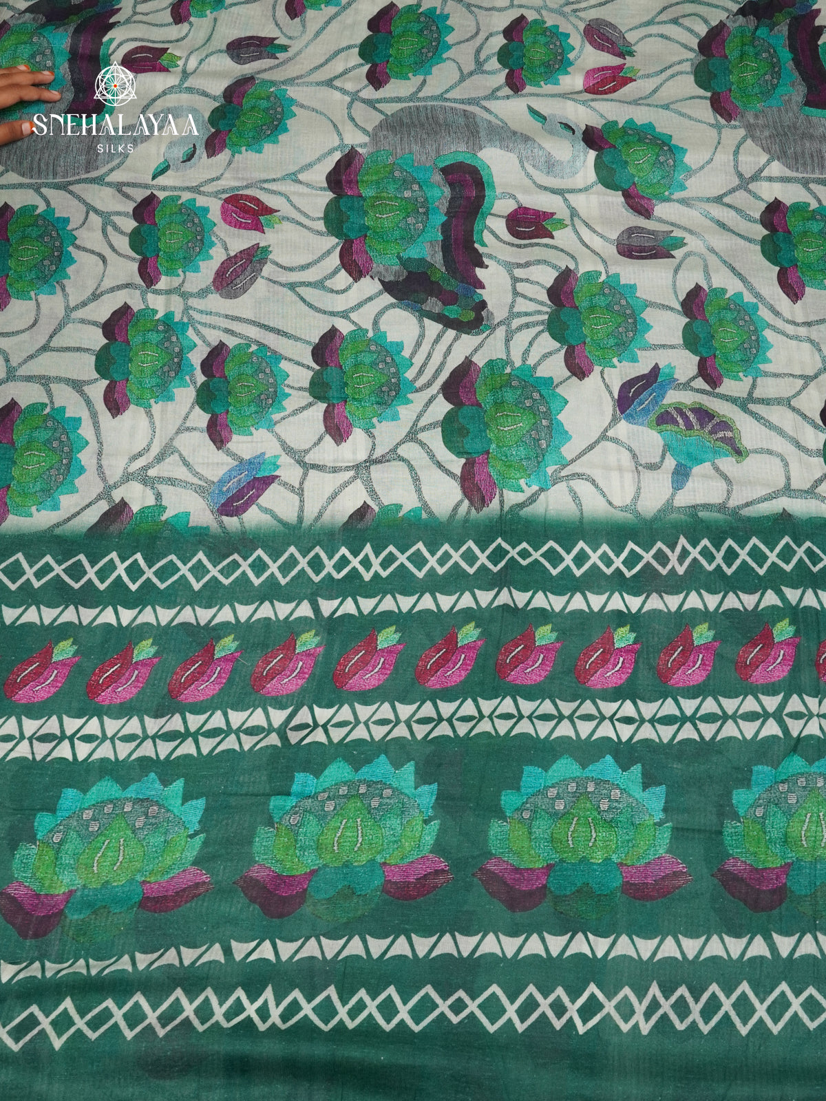 Off White Printed Linen Cotton Saree