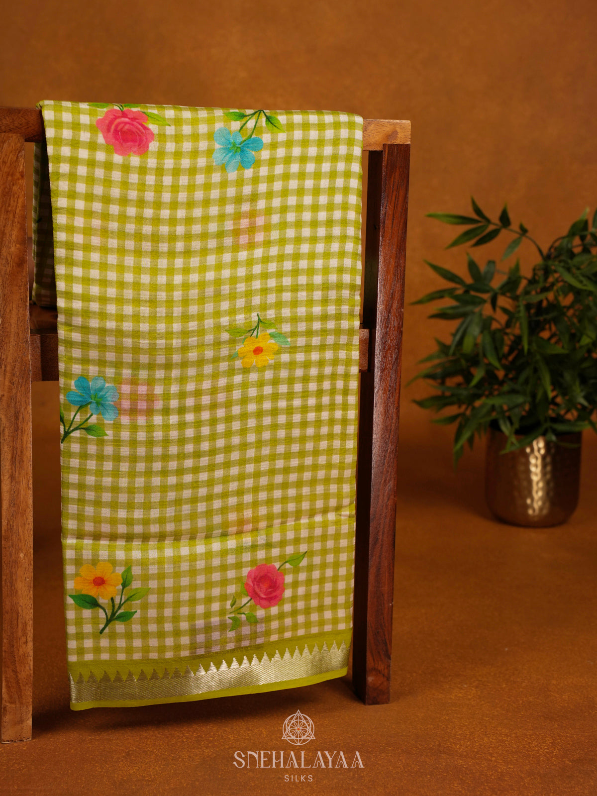 Green Checks Printed Mangalagiri Silk Saree