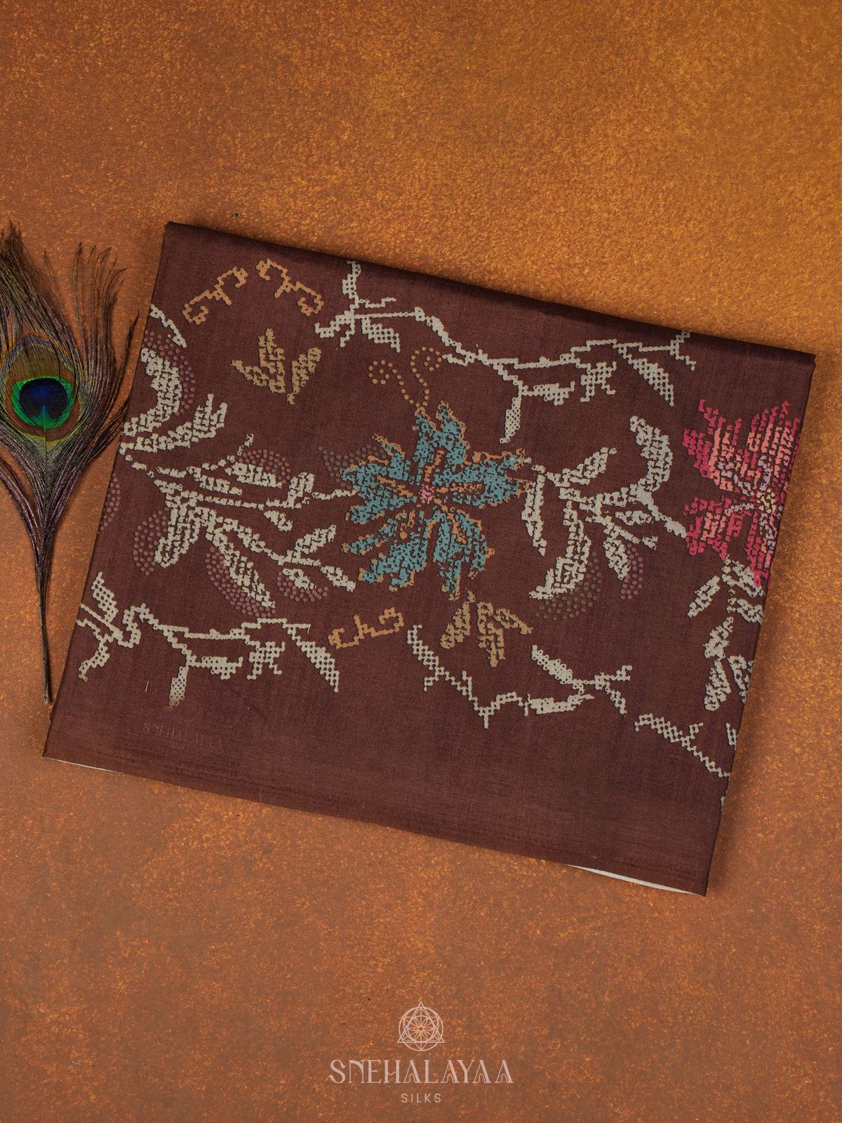 Brown Floral Printed Tussar Saree