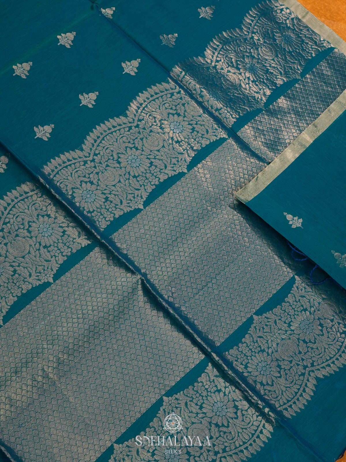Peacock Blue Kora Silk Cotton Saree