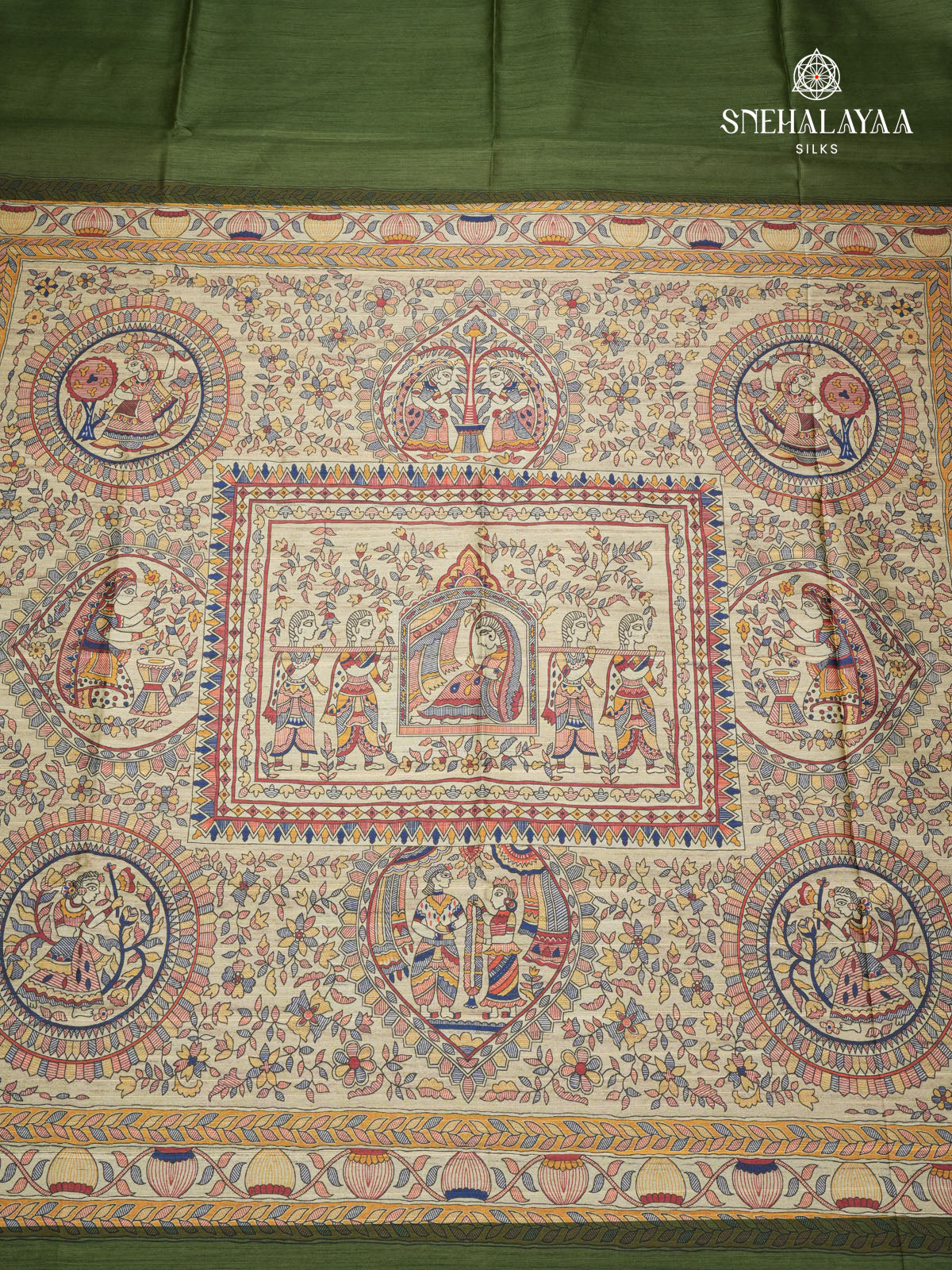 Olive Green Madhubani Printed Saree