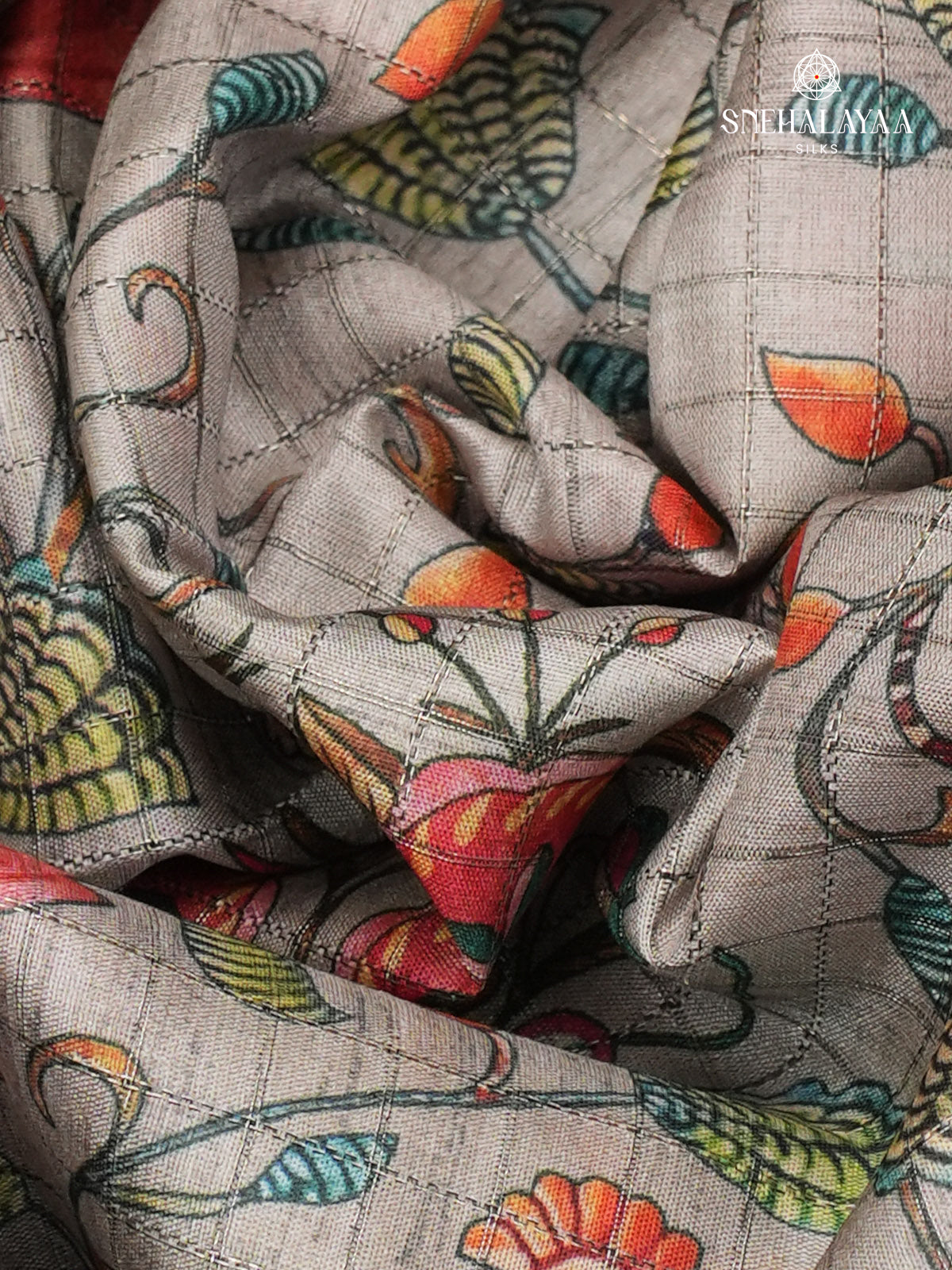 Grey With Black Border Floral Printed Tussar Saree