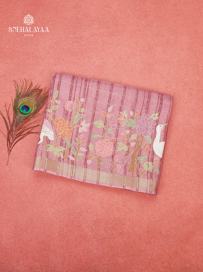 Pastel Pink Munga Tussar Embroidery Saree