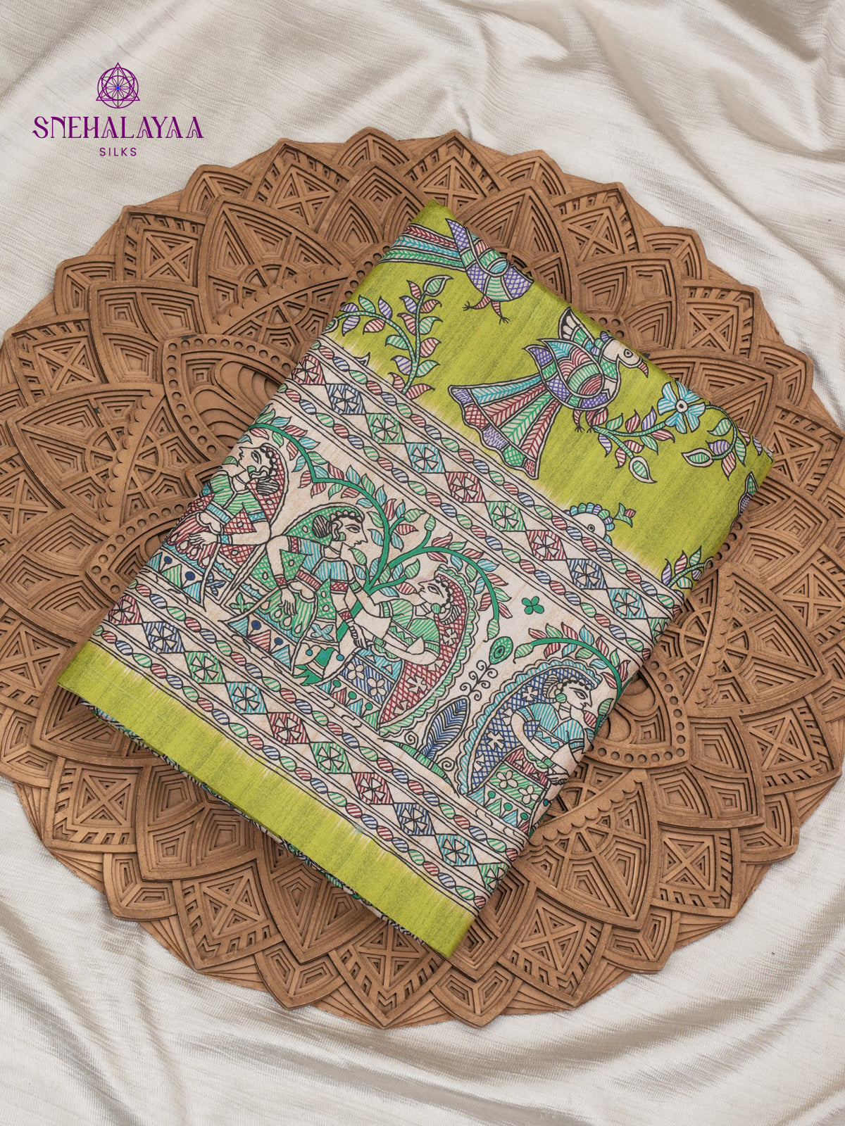 Pistachio Green Madhubani Printed Saree