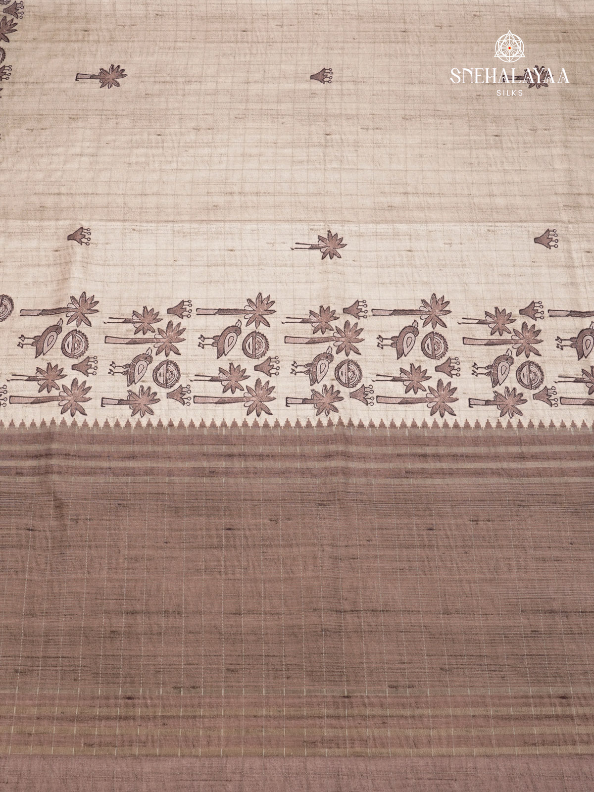 Beige With Brown Border Floral Printed Tussar Saree