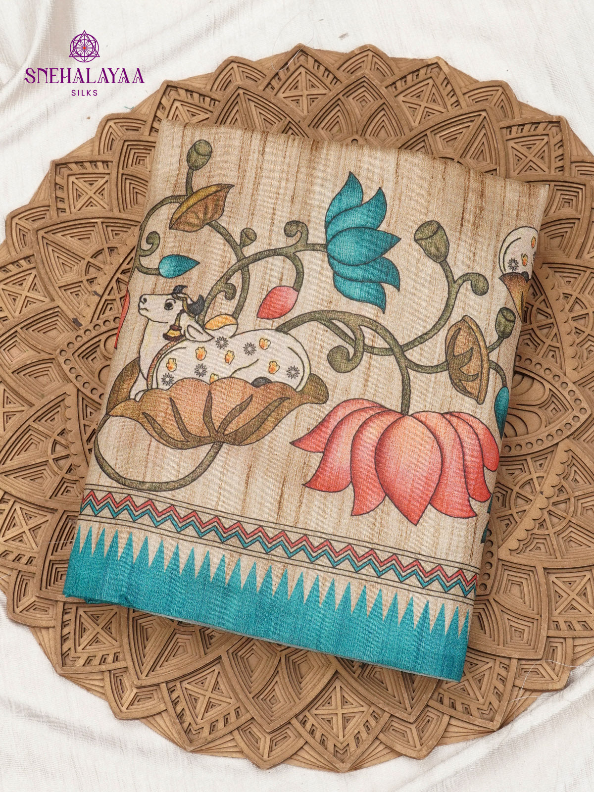 Peacock Blue Floral Printed Tussar Saree